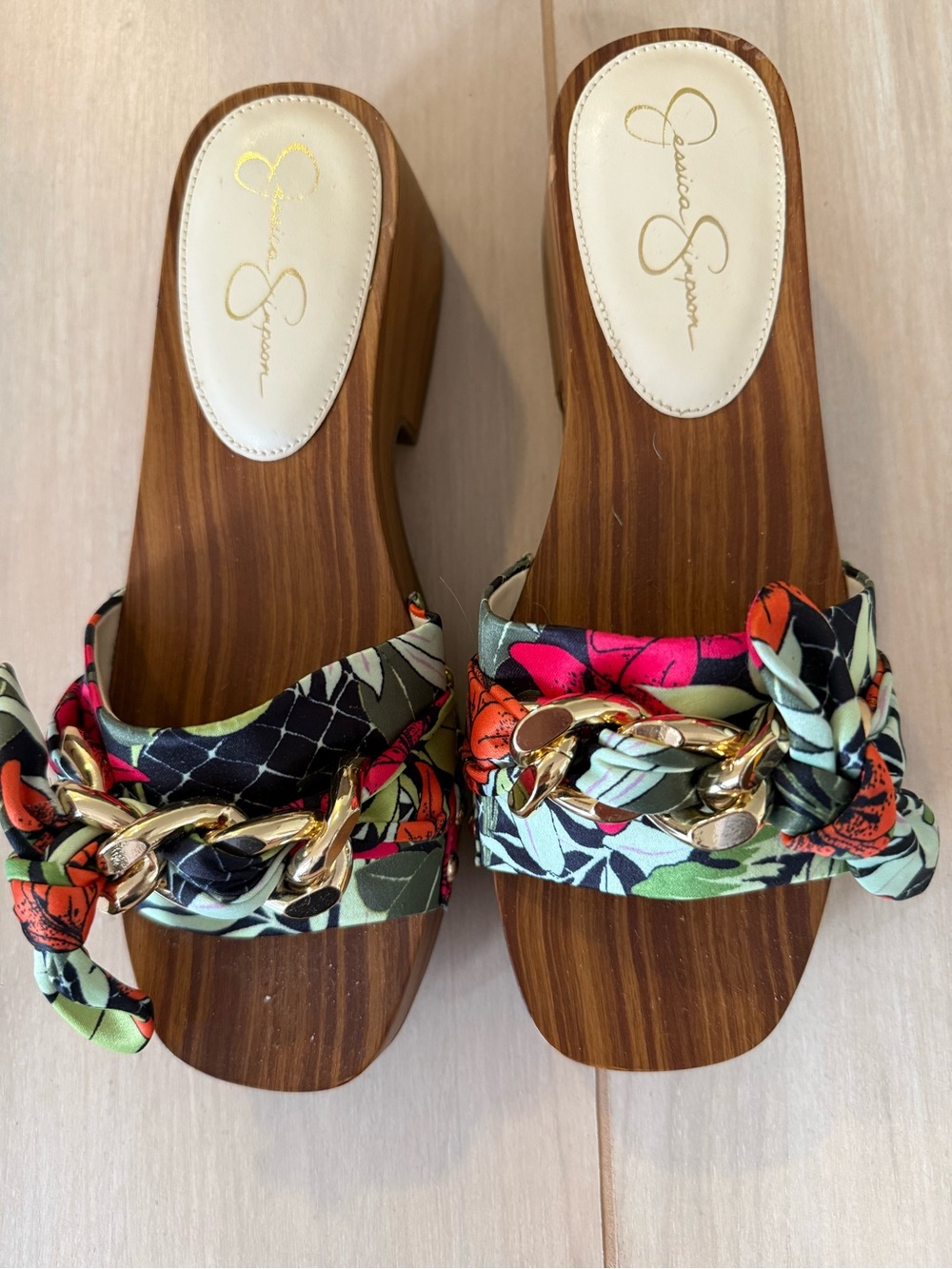Jessica Simpson Floral Tie Sandal Gold Chain Accent Resima Platform Sandal Clog - Picture 1 of 10